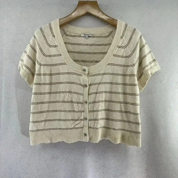 Madewell L 100% Cotton Linden Scoop Neck Cropped‎ Striped Sweater Tee Large - Picture 3 of 8